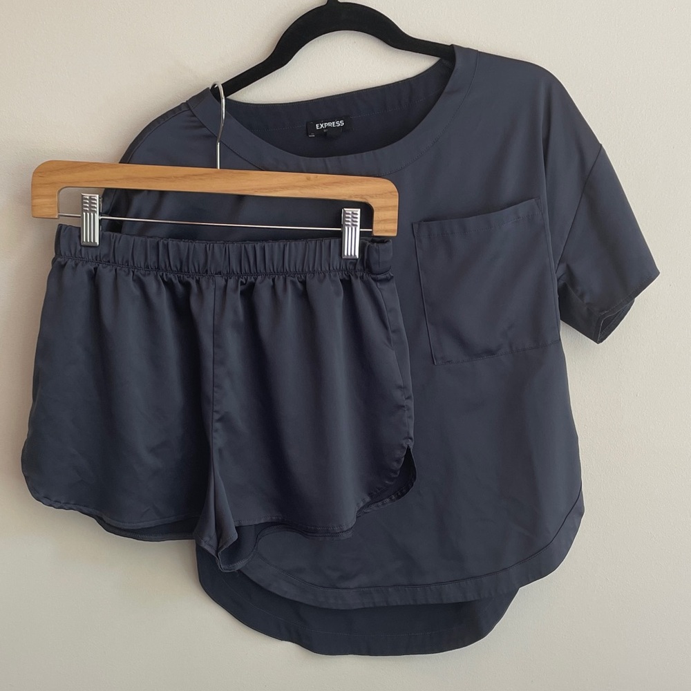Express Gray Satin Pocket Tee & Elastic Waist Shorts Pajama Set Size XS
